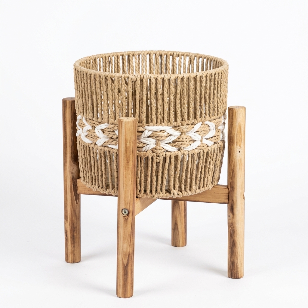 Rattan Jute Pot Holder with Wooden Stand, 12 in